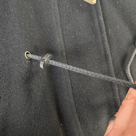 90s Vintage Black Wool Blend Toggle Closure Leather Trim Overcoat Size Medium - Picture 6 of 13